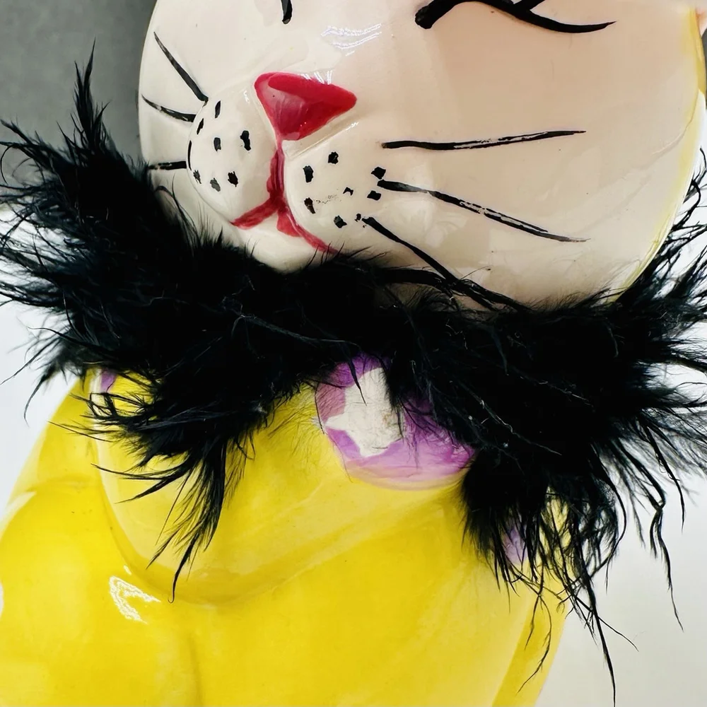 Vintage Anthropomorphic Ceramic Cat Kitten 4.5” Boa Fur Figurine Japan Kitty